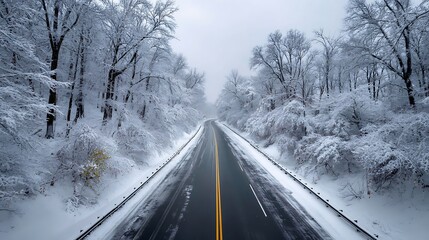 Naklejka premium Snow covered road cutting through a dense winter forest landscape