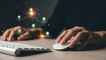 Hands on keyboard and mouse with digital network connections overlay