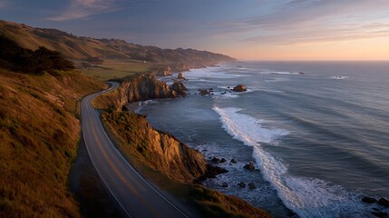 Scenic coastal highway winding along rugged cliffs at sunset