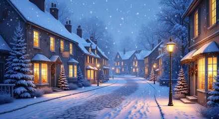 Fototapeta premium Snowy village street at dusk with glowing warm lights and gentle snowfall