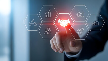 Businessman interacting with digital interface representing business concepts and collaboration