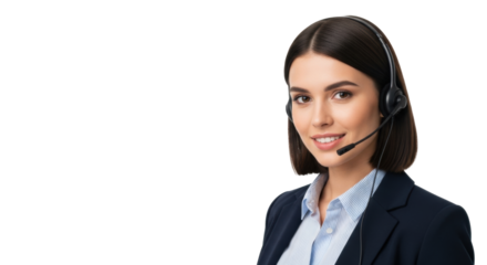 Young caucasian woman with dark hair, black headset with mic, professional attire, smiling confidently, transparent background with copy space, concept of professional customer service