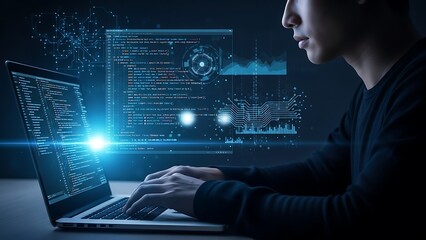Focused developer coding on laptop with glowing interface creating innovative software solutions for the future with cutting edge technology and elegant design 