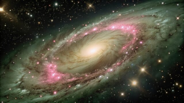 A vibrant pink cosmic nebula fills the galaxy with ethereal light and cosmic energy