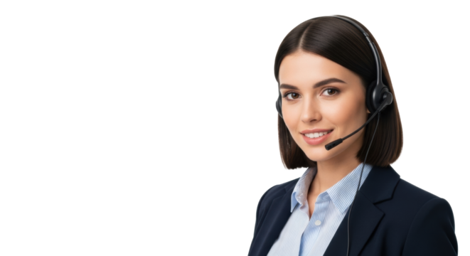 Young caucasian woman with dark hair, black headset with mic, professional attire, smiling confidently, transparent background with copy space, concept of professional customer service