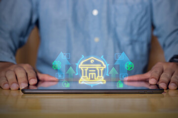 Digital banking innovation showing glowing fintech icons and money transfer symbols on a tablet, representing modern financial services and online transactions.