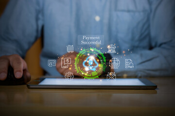 Digital payment successful notification with fintech, banking and cryptocurrency icons glowing above a tablet.