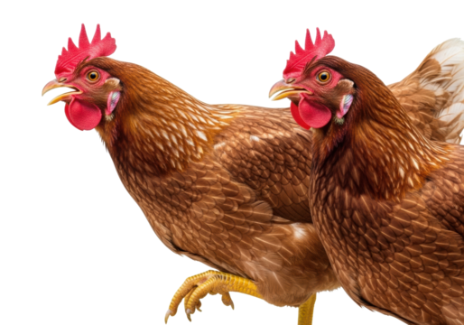 Two adult domestic hens, one clucking, rich brown white plumage, vibrant red comb, yellow legs, on transparent background with copy space, soft studio light. Concept of farm animal authenticity