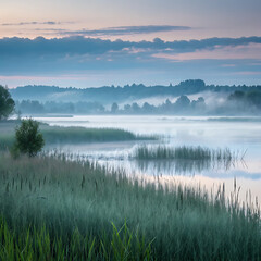 Fototapeta premium Misty morning natural landscape with calm lake, fog, and reeds.