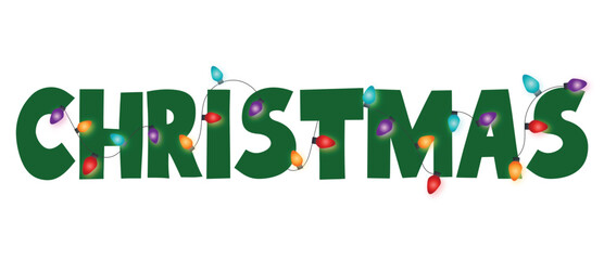 Green Christmas text decorated with colorful Christmas lights on a white background display design vector illustration