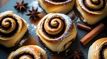 National Cinnamon Roll Day stock images with sweet pastry rolls on brown background Cinnamon Roll Day Poster 