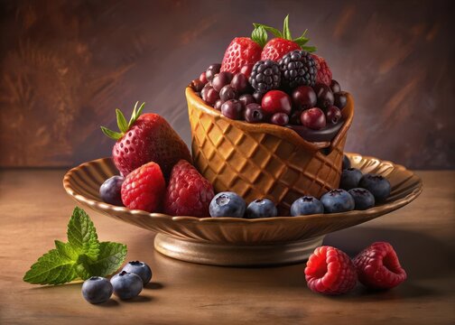 Moist chocolate cake with fresh mixed berries in a golden waffle cone bowl - Powered by Adobe