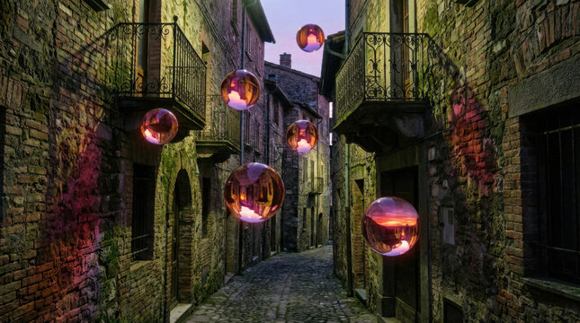 Ancient stone alleyway illuminated by glowing floating orbs reflecting warm light, creating magical and mysterious atmosphere at dusk