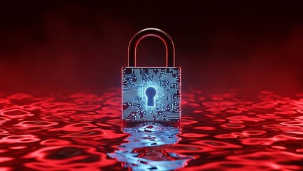 Futuristic Digital Lock Security Concept with Microchip Design and Data Protection on Red Reflective Surface for Cybersecurity Technology and Secure Data Storage