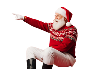 Santa claus in a festive sweater pointing to the left