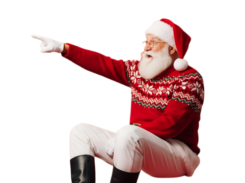 Santa claus in a festive sweater pointing to the left - Powered by Adobe