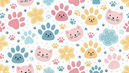 Cute animal paw prints pattern, kids&rsquo; theme, pastel colors, seamless
