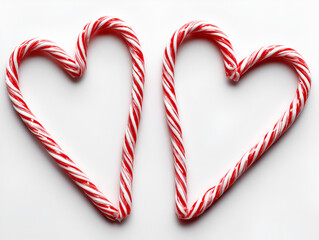 Two heart-shaped candy canes, red and white striped, arranged on a clean white background, symbolizing love and celebration during festive seasons