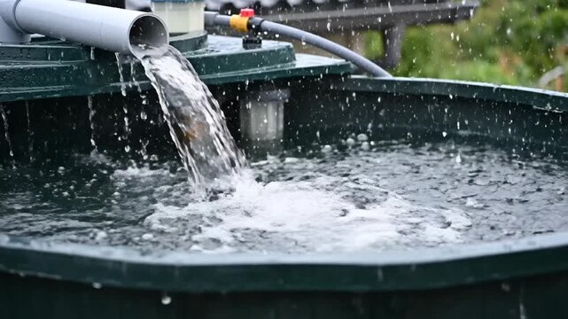 Water flowing into green storage container outdoors