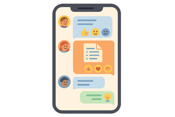 Mobile phone displaying a messaging app interface with multiple users and colorful chat bubbles