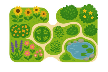 Overhead view of a beautiful stylized garden layout featuring colorful flower beds, green bushes, winding paths, and a small tranquil pond