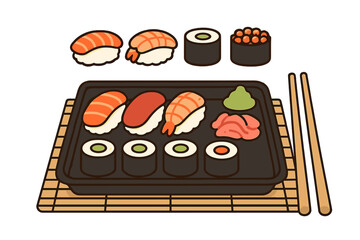 Traditional Japanese sushi rolls and nigiri served on a black tray with chopsticks, wasabi, and ginger