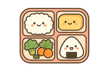 Adorable Japanese bento box lunch featuring kawaii style rice, onigiri, omelet, and fresh vegetables