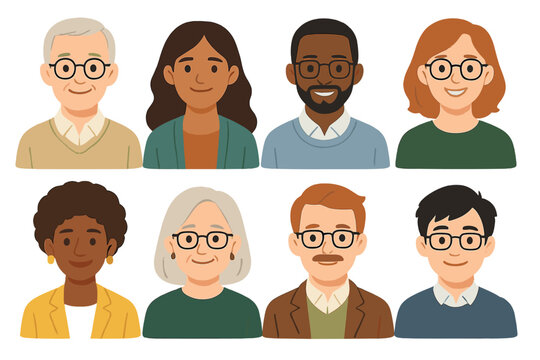 Diverse group of professional people avatars wearing spectacles for business profiles
