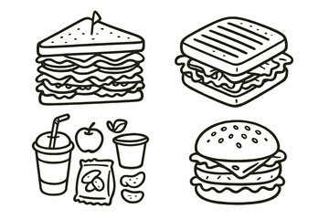 Outline drawings of various fast food items including layered sandwich, grilled panini, and double burger