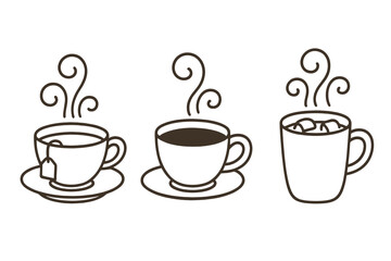 Minimalist line art set featuring three different steaming hot beverages in cups