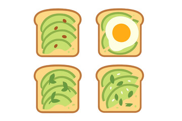 Four variations of popular avocado toast including one slice topped with a fried egg