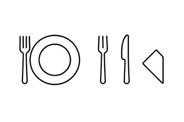 Outline symbols of a full place setting with plate, fork, and knife