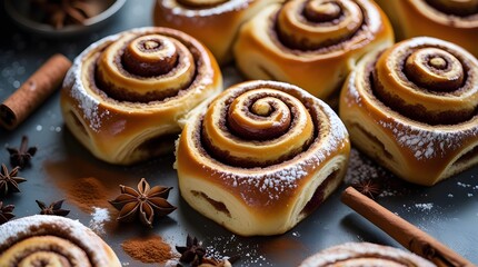National Cinnamon Roll Day stock images with sweet pastry rolls on brown background Cinnamon Roll Day Poster 