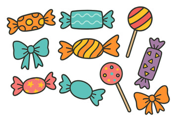 Colorful wrapped candies, lollipops, and decorative bows in cute doodle style