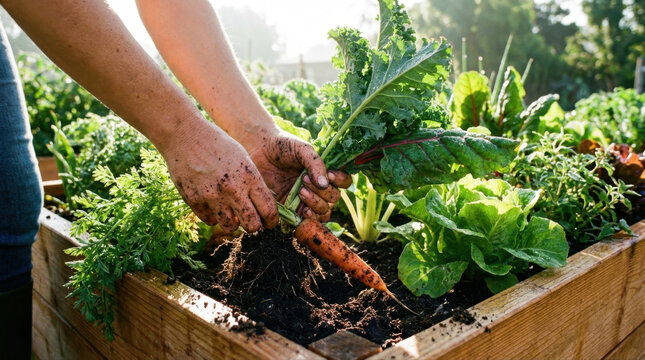 Vibrant close up of hands harvesting fresh carrot from raised garden bed filled with leafy greens and rich soil in sunlight - Powered by Adobe