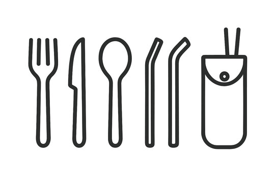 Eco-friendly reusable travel utensil set with fork knife spoon and bent metal straws in a storage bag