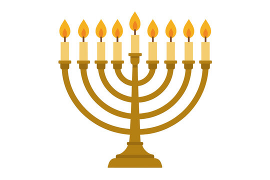 Golden Hanukkah Candelabrum with Nine Lit Candles for Jewish Festival of Lights