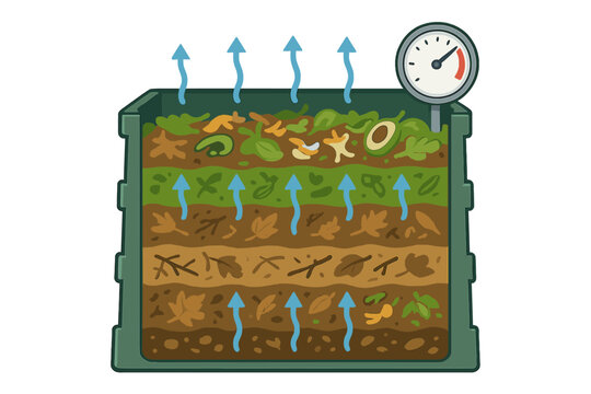 Cross section view of layered structure and aeration process in a composting bin