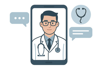 Doctor providing remote medical consultation via telemedicine app on a smartphone screen