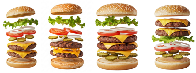 Deconstructed Floating Burgers Set – Layered Ingredient Stack Food Illustration