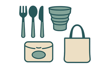 Reusable eco-friendly set including cutlery, cup, food container, and shopping tote bag