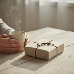 Pair of hands holding warm steaming ceramic cup near neatly wrapped gift box on wooden table in soft natural light