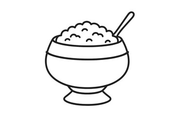 Minimalist black and white line art of a serving bowl filled with rice and a spoon
