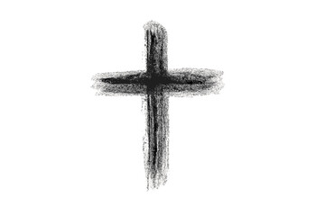 Textured black charcoal cross on white background symbolizing faith and repentance