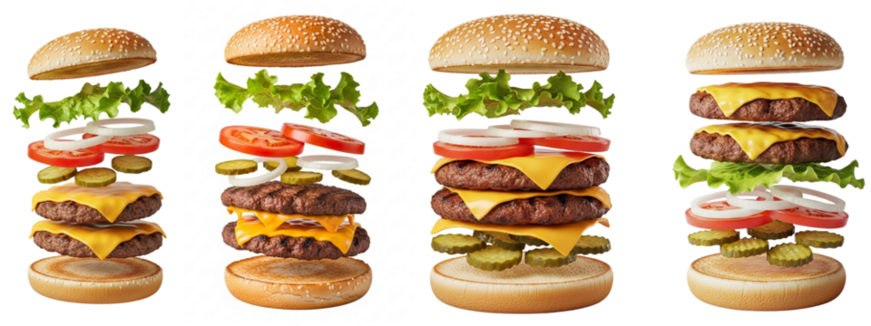 Deconstructed Floating Burgers Set – Layered Ingredient Stack Food Illustration