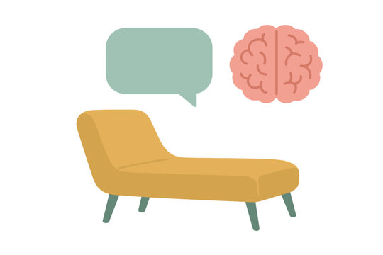 Classic psychoanalyst's chaise lounge with brain and speech bubble symbols