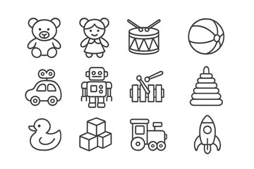 Set of minimalist outline icons featuring classic children's toys for play and learning