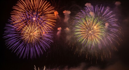 Vibrant fireworks explode in the night sky, creating colorful bursts of light and smoke against a dark background.
