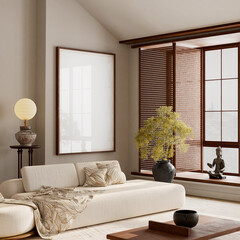 Framed poster mockup with clean neutral palette, warm daylight glow and modern interior balance enhancing artwork clarity. 3D illustration.