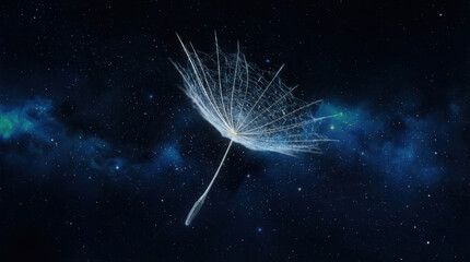 Lone impossibly colossal dandelion seed floating in dark starry space with glowing nebula, evoking sense of wonder and vastness
